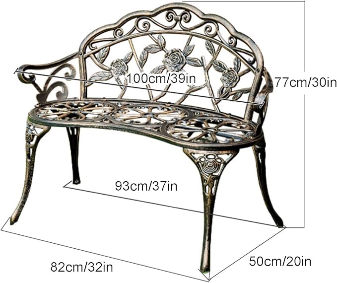 39" Outdoor Bench, Cast Aluminum Metal Garden Bench with Floral Rose Accent & Antique Finish(White)