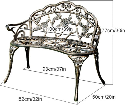 39" Outdoor Bench, Cast Aluminum Metal Garden Bench with Floral Rose Accent & Antique Finish(White)