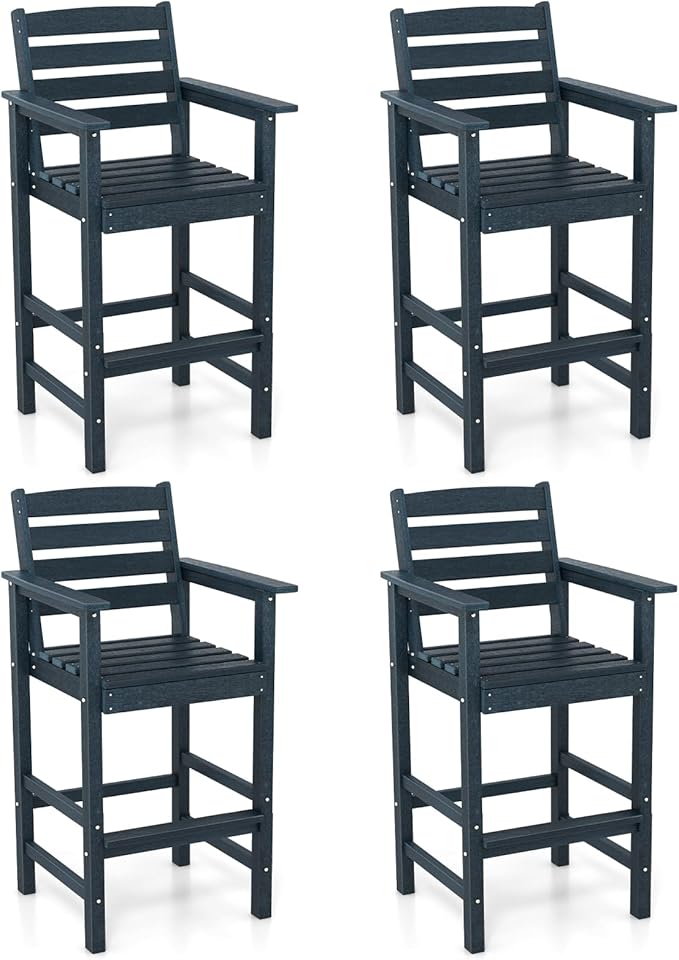 Giantex 29” Bar Stools Set of 4, HDPE Barstools w/Back, Armrests & Footrests, Max Load 330Lbs, Counter Height Bar Stools, Adirondack Chair for Patio Balcony Outdoor Bistro Set, Navy