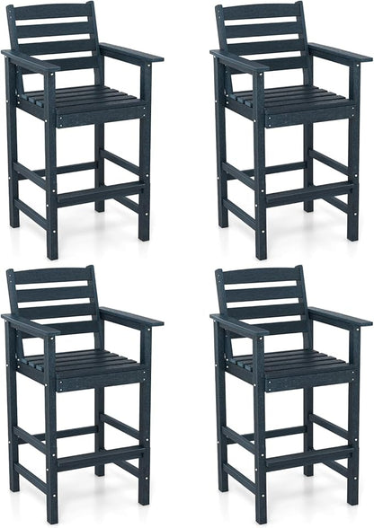 Giantex 29” Bar Stools Set of 4, HDPE Barstools w/Back, Armrests & Footrests, Max Load 330Lbs, Counter Height Bar Stools, Adirondack Chair for Patio Balcony Outdoor Bistro Set, Navy