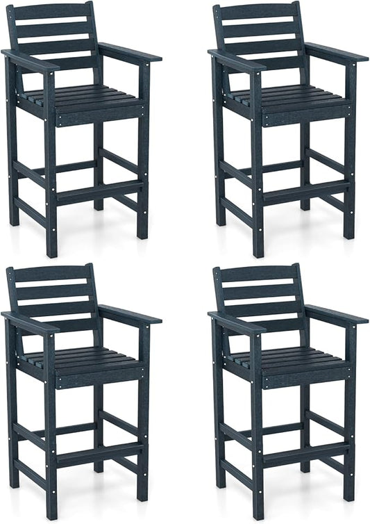 Giantex 29” Bar Stools Set of 4, HDPE Barstools w/Back, Armrests & Footrests, Max Load 330Lbs, Counter Height Bar Stools, Adirondack Chair for Patio Balcony Outdoor Bistro Set, Navy