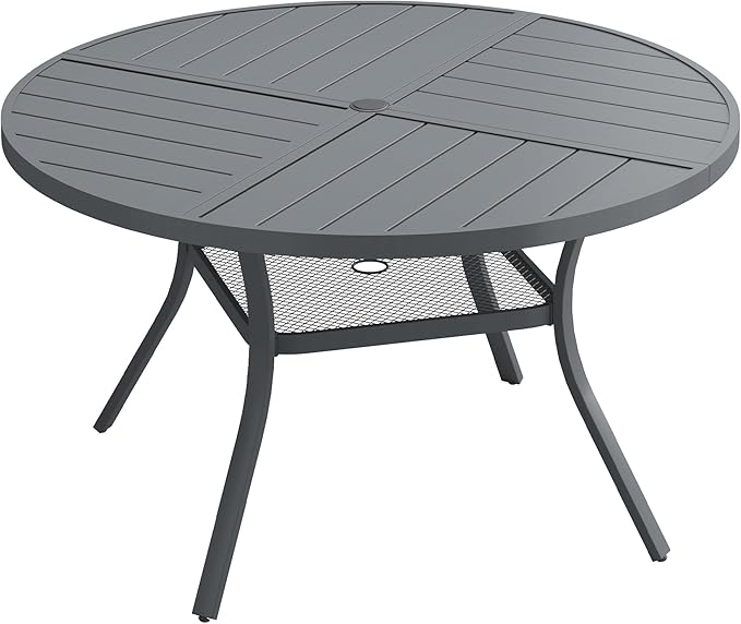 Patio Dining Table for 4-6, Round Metal Outdoor Table with Storage Shelf, 1.57" Umbrella Hole - Photo 1
