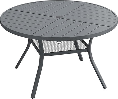 Patio Dining Table for 4-6, Round Metal Outdoor Table with Storage Shelf, 1.57" Umbrella Hole, 47" Outdoor Quartered Tabletop Dining Table for Backyard, Porch, Lawn, Dark Grey