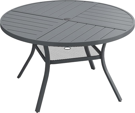 Patio Dining Table for 4-6, Round Metal Outdoor Table with Storage Shelf, 1.57" Umbrella Hole, 47" Outdoor Quartered Tabletop Dining Table for Backyard, Porch, Lawn, Dark Grey