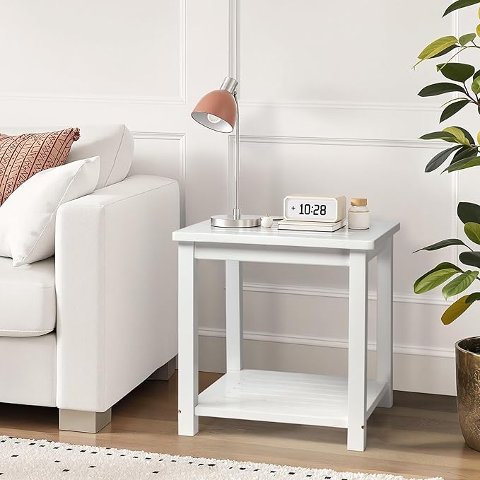 Outvita Patio Small Side Table, Acacia Wood 18 inch Double-Deck Coffee Table with Storage Tier for Living Room, Garden, Balcony, Porch, Deck (White)