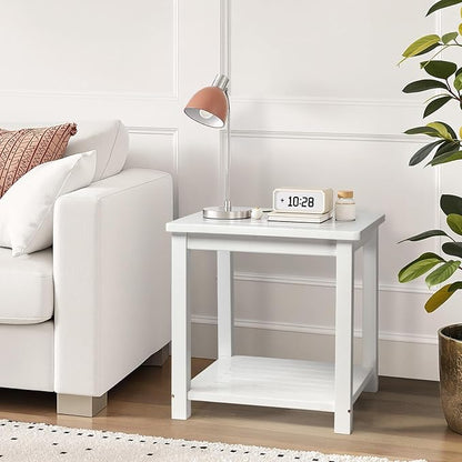 Outvita Patio Small Side Table, Acacia Wood 18 inch Double-Deck Coffee Table with Storage Tier for Living Room, Garden, Balcony, Porch, Deck (White)