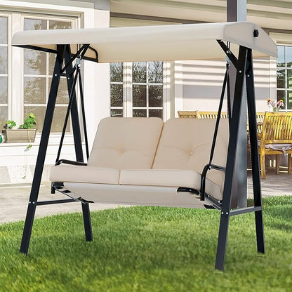 AECOJOY Outdoor Patio Swing Chair for Adults, 2-Seat Porch Swings with Adjustable Canopy, Outside Swing Bench with Removable Cushion, Suitable for Backyard, Garden, Yard, Poolside, Balcony (Beige)