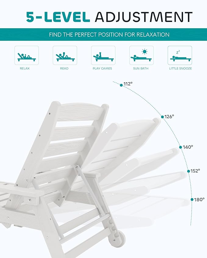 SERWALL Patio Chaise Lounge Chair Set of 6, 5 Positions Adjustable Poly Outdoor Lounger for Pool - Photo 3