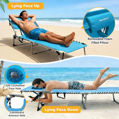 Backpack Sun Tanning Chair with Face Hole & Beach Table, 5-Position Adjustable Folding Lounge Chair Outdoor for Lawn Patio Garden