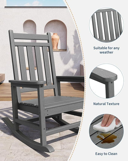 HDPE Outdoor High Back Adirondack Rocking Chair, All-Weather Patio Furniture for Adults, 380lbs Weight Capacity, Low-Maintenance Porch Rocker for Backyard/Garden, Gray