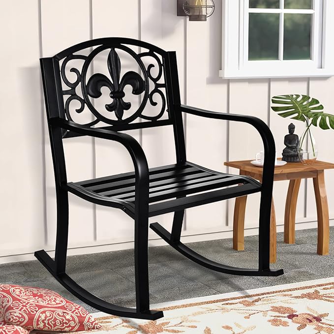 Outdoor Patio Rocking Chair, Metal Rocking seat for for Deck, Backyard or Garden (Black)