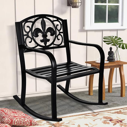 Outdoor Patio Rocking Chair, Metal Rocking seat for for Deck, Backyard or Garden (Black)