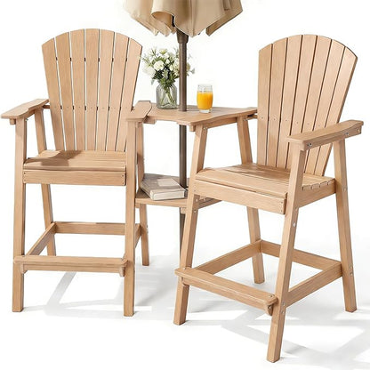 PASAMIC Tall Adirondack Chair Set of 2, All-Weather HDPE Outdoor Chairs with Removable Double Trays, Bar Height Adirondack Chairs for Balcony, Deck, Patio, Backyard, Wood