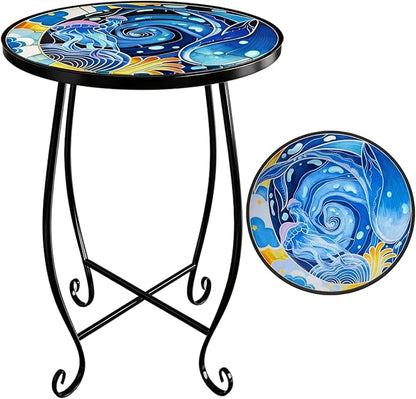 15 Inch Jellyfish Mosaic Side Table (1 PC) - Small Outdoor Round Folding Table with Weather-Resistant Metal Frame, Coastal Accent End Table for Patio, Garden, Balcony, Backyard