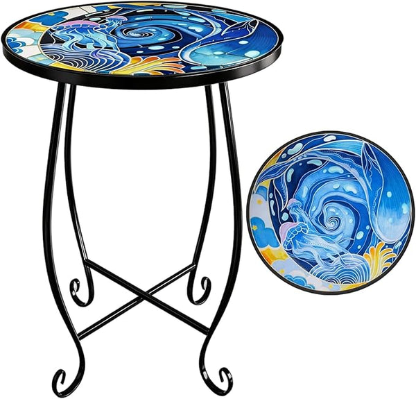 15 Inch Jellyfish Mosaic Side Table (1 PC) - Small Outdoor Round Folding Table with Weather-Resistant Metal Frame - Photo 1