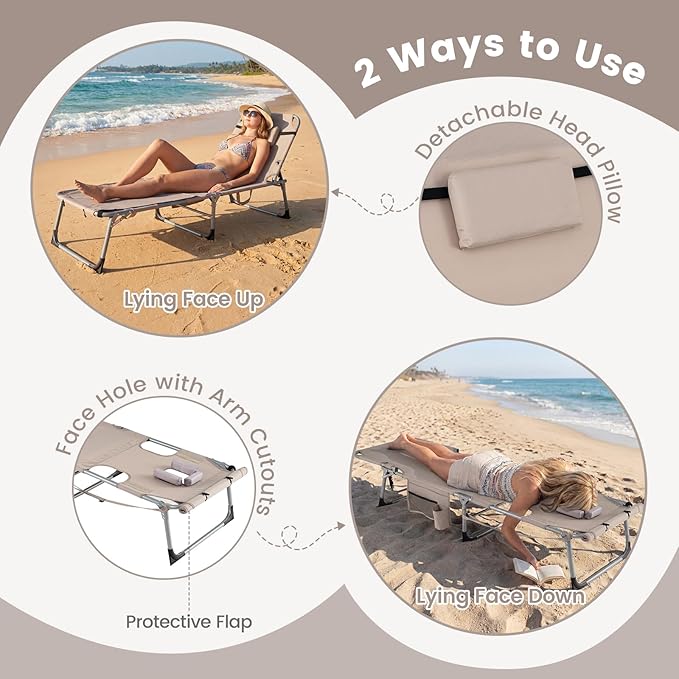 Goplus Tanning Chair with Face Arm Holes, Portable Sunbathing Chair w/4-Level Backrest, Head Pillow - Photo 7