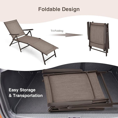 Giantex Patio Lounge Chair Foldable Chaise Lounger, Outdoor Sunbathing Chair W/ 5-Position Backrest, 2-Position Footrest, Steel Frame, Portable Recliner for Yard, Lawn Tanning Pool Chairs (2, Brown)