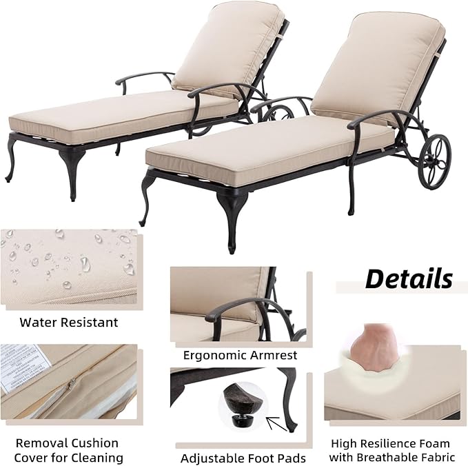Chaise Lounge Patio Chair with Wheels, Adjustable Reclining Rust-Resistant Aluminum Cast Poolside Chaise Lounge Furniture Set of 2, Waterproof Beige Cushion