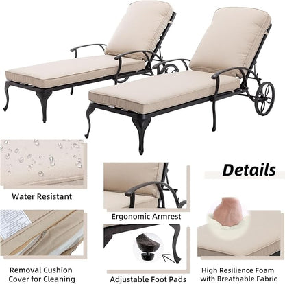 Chaise Lounge Patio Chair with Wheels, Adjustable Reclining Rust-Resistant Aluminum Cast Poolside Chaise Lounge Furniture Set of 2, Waterproof Beige Cushion