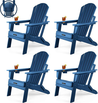 FUNBERRY Folding Adirondack Chair Set of 4, HDPE All Weather Fire Pit Chairs with Cup Holder for Outdoor