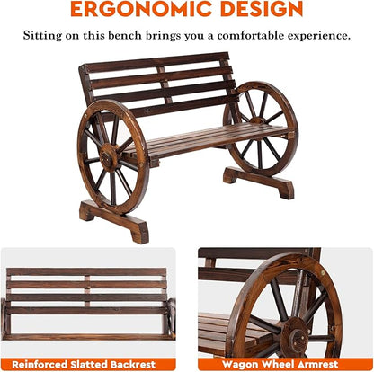 Wagon Wheel Bench, Wooden Outdoor Bench 2-Person Seat, Rustic Patio Benches with Backrest for Porch, Garden Brown 19.7inchD x 41.3inchW x 30.3inchH