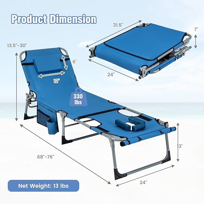 GYMAX Tanning Chair, 330LBS Beach Lounge Chair with Face Arm Hole & Hand Shoulder Strap, Folding Layout Sunbathing Chair, Face Down Outdoor Chaise Lounger for Patio, Poolside, Lawn, Backyard (2, Blue)