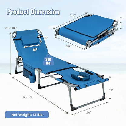 GYMAX Tanning Chair, 330LBS Beach Lounge Chair with Face Arm Hole & Hand Shoulder Strap, Folding Layout Sunbathing Chair, Face Down Outdoor Chaise Lounger for Patio, Poolside, Lawn, Backyard (2, Blue)