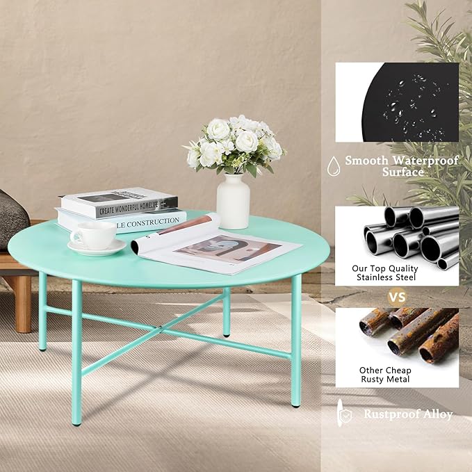 Patio Round Steel Patio Coffee Table, Weather Resistant Anti-Rust and Waterproof Indoor and Outdoor Large Side Table, for Garden Living Room Bedroom Balcony (Mint Green)