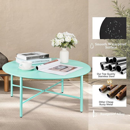 Patio Round Steel Patio Coffee Table, Weather Resistant Anti-Rust and Waterproof Indoor and Outdoor Large Side Table, for Garden Living Room Bedroom Balcony (Mint Green)