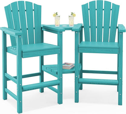 KINGYES Tall Adirondack Chair Set of 4, HDPE Tall Adirondack Barstools with Double Connecting Trays, Embossed Bar Height Adirondack Chair for 2, All Weather Resistant Balcony Adirondack Chairs, Aruba