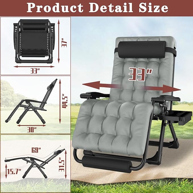 Oversized Zero Gravity Chair with Cushion XXL, 33In Padded Lounge Chair, Recliner Camping Chair W/Full-Alu Alloy Lock - Photo 3