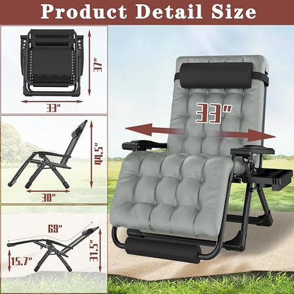 Oversized Zero Gravity Chair with Cushion XXL, 33In Padded Lounge Chair, Recliner Camping Chair W/Full-Alu Alloy Lock, Cushion, Storage Bag, Footrest, Cup Holder, Folding Chair Support 500lbs, Gray