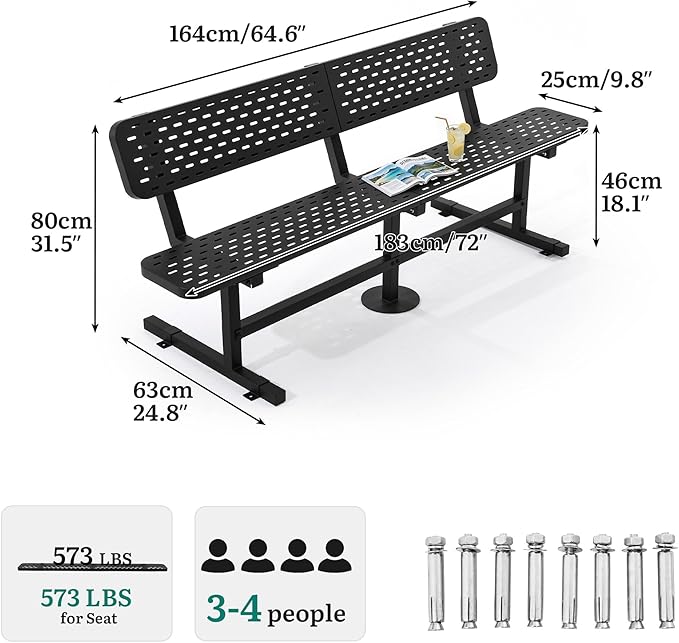 YITAHOME 6ft Outdoor Metal Park Bench with Back, Heavy Duty Park Carbon Steel Bench, Metal Garden Park Bench Thermoplastic Coated Weatherproof Seating for Patio Yard Commercial Use, 573 Lbs Cap Black