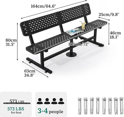 YITAHOME 6ft Outdoor Metal Park Bench with Back, Heavy Duty Park Carbon Steel Bench, Metal Garden Park Bench Thermoplastic Coated Weatherproof Seating for Patio Yard Commercial Use, 573 Lbs Cap Black