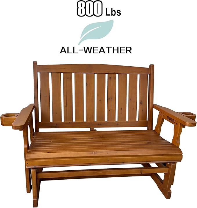 Fortune Candy Wooden Patio Glider, with Cup Holders, High Back and Deep Contoured Seat, Solid Fir Wood - Photo 4