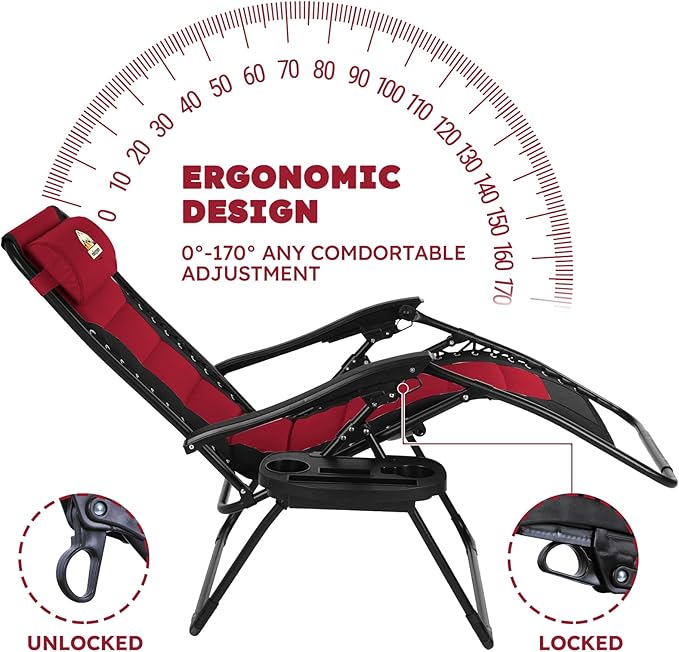 Oversized Padded Zero Gravity Lounge Chair Set of 2, Foldable Patio Anti Gravity Reclining Chairs Folding Lawn Recliner with Cup Holder for Yard, Camping, Outdoor, Support 350 LBS, Burgundy