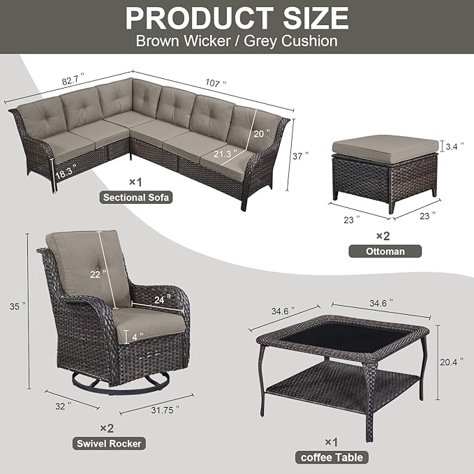 Belord 8 Piece Wicker Patio Furniture Set, Outdoor Swivel Rocker Chairs Set of 2 with Ottomans and Sectional Couch - Photo 2