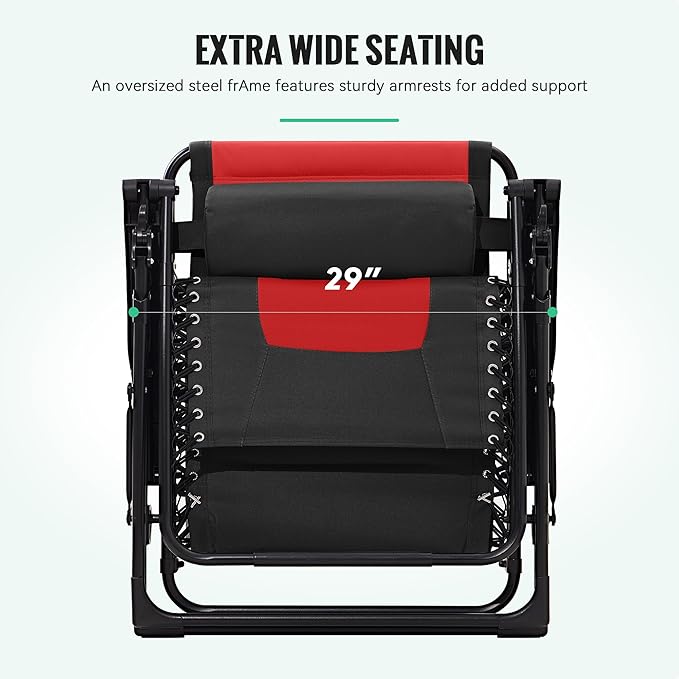 JEAREY Oversized Padded Zero Gravity Chairs Set of 2, Folding Lounge Chair Outdoor Patio Recliner, Anti Gravity Chair for Backyard with Headrest, Cup Holder, Side Tray, Polyester Mesh - Black/Red