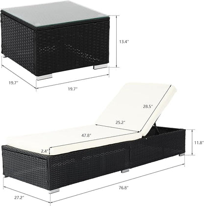 VINGLI Outdoor Chaise Lounge Chair Set with Side Table, Pool Lounge Chair with Adjustable Backrest,Waterproof Black Rattan Recliners Outside Patio Lounger Furniture