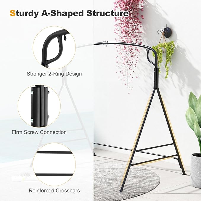 Tangkula Metal Swing Frame, Porch Swing Stand with Extra Side Bars, 3-Ring Design, Heavy Duty Swing Frame Outdoor for Swing, Hammock, A-Frame Swing Stand Frame Outdoor for Lawn, Garden, Backyard
