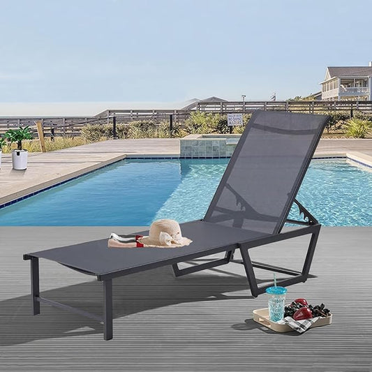 Lounge Chair Outdoor, No Assembly Required Pool Lounge Chairs,5-Position Adjustment Aluminum Patio Lounge Chair with Portable Design for Pool, Beach, Deck, Backyard Use (Black,1pcs)