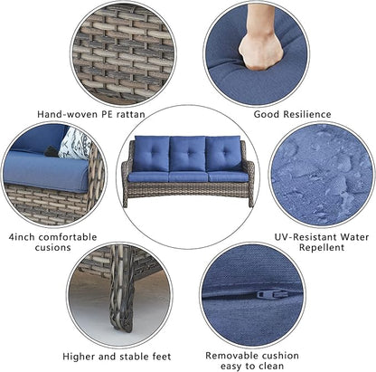 HUMMUH Outdoor Furniture 4 Pieces Patio Furniture Set Wicker Outdoor Sectional Sofa with 2 Patio Chairs,Coffee Table(Grey/Blue)