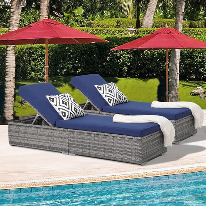Patiorama Outdoor Patio Chaise Lounge Chair, Elegant Reclining Adjustable Pool Rattan Chaise Lounge Chair with Navy Blue Cushion, Grey PE Wicker, Steel Frame, Set of 2