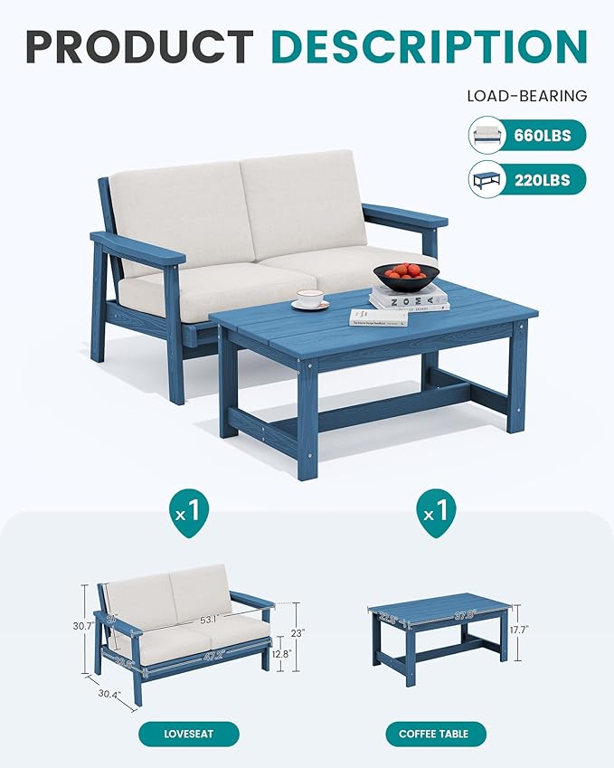 SERWALL Outdoor Loveseat, Blue Frame and Khaki Cushion - Photo 2