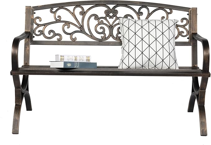 Metal Outdoor Bench, 50" Outdoor Garden Bench Patio Park Bench, Cast Iron Park Benches for Outside with Floral Design Backrest, Bronze