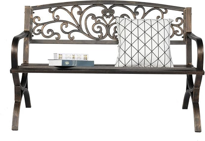 Metal Outdoor Bench, 50" Outdoor Garden Bench Patio Park Bench, Cast Iron Park Benches for Outside with Floral Design Backrest, Bronze