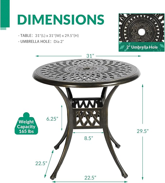 VIVIJASON 31" Patio Bistro Table Outdoor Dining Round Table Bronze Cast Aluminum Table with Umbrella Hole