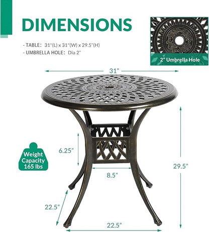 VIVIJASON 31" Patio Bistro Table Outdoor Dining Round Table Bronze Cast Aluminum Table with Umbrella Hole