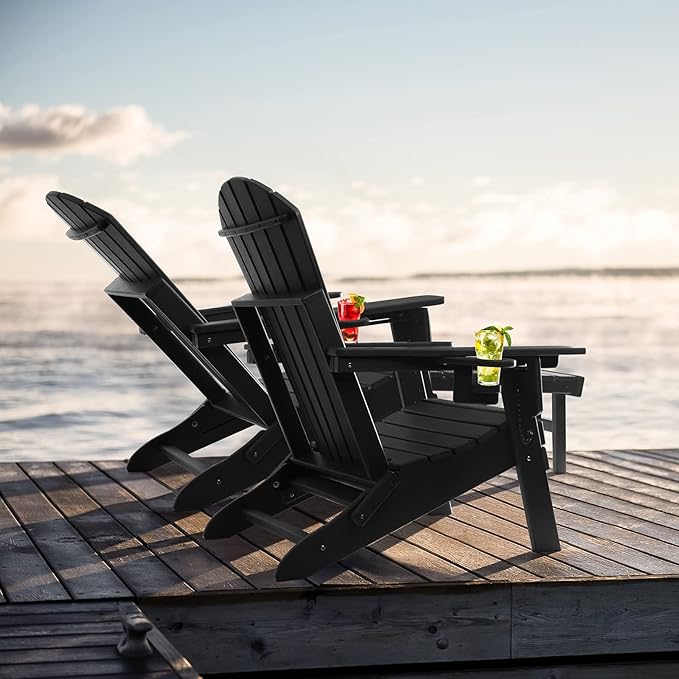 FUNBERRY Adjustable Folding Adirondack Chair with Retractable Ottoman, All Weather Fire Pit Chairs with Cup Holder