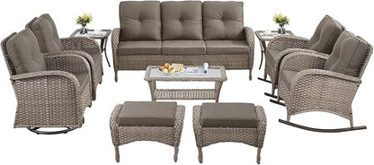 10-Piece Patio Furniture Set-Patio Rocking Chairs Set of 4 Outdoor Rattan Sofa Sets with Coffee Table Outdoor Patio Furniture Sets for Deck Porch Garden Balcony Poolside-Grey/Grey
